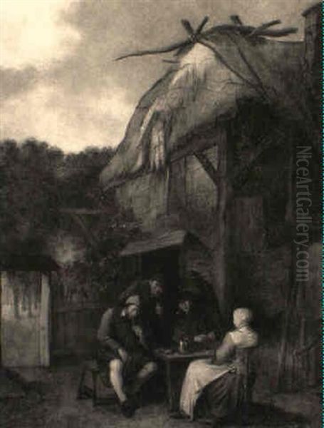 Drei Bauern Und Eine Frau Vor Dem Haus Sitzend Oil Painting by Egbert Van Heemskerck