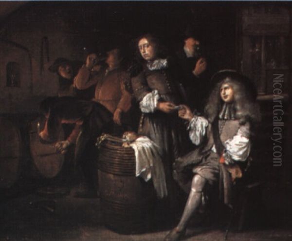 Gentlemen Tasting Wine In A Cellar Oil Painting by Egbert Van Heemskerck