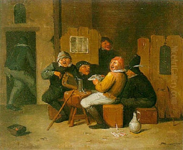 Tavern Interiors With Boors Playing Cards And      Singing At A Table Oil Painting by Egbert Van Heemskerck