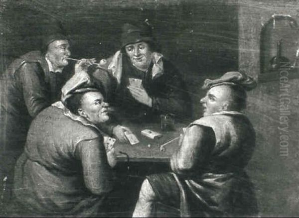 Topers Playing Cards In A Tavern Interior Oil Painting by Egbert Van Heemskerck