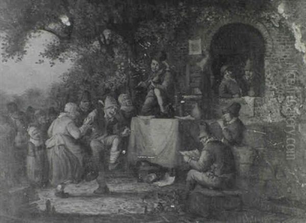 Peasants Dancing Outside A Village Inn Oil Painting by Egbert Van Heemskerck