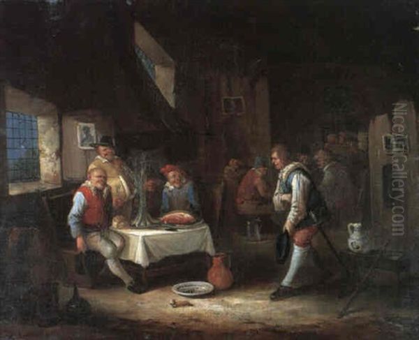 A Tavern Interior With A Soldier Greeting A Group Dining At A Table Oil Painting by Egbert Van Heemskerck