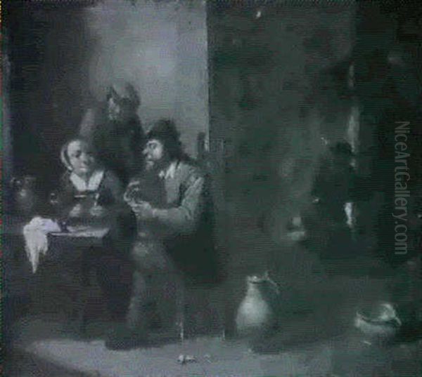 Boors Playing Cards In A Tavern Interior Oil Painting by Egbert Van Heemskerck