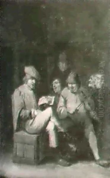 An Interior With Figures Singing Along With A Fiddler Oil Painting by Egbert Van Heemskerck