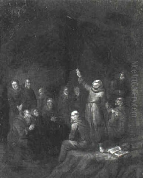 Monks In A Cavern Oil Painting by Egbert van Heemskerck the Younger