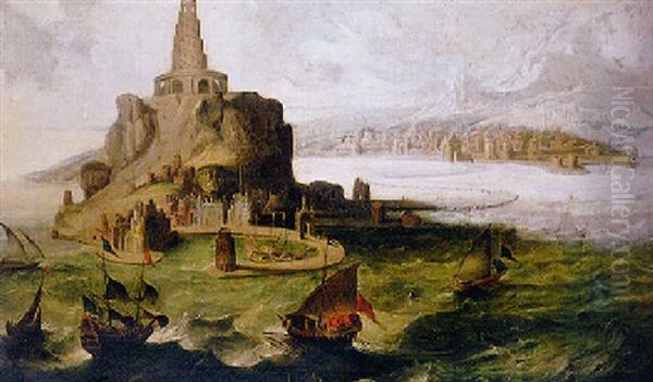 The Lighthouse At Alexandria, With Sailboats In Rough Seas In The Foreground Oil Painting by Maerten Jacobsz van Heemskerck