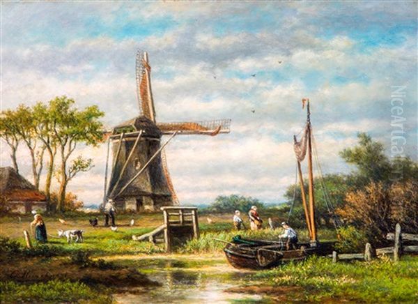 Polderlandschap Met Molen Oil Painting by Georgius Heerebaart