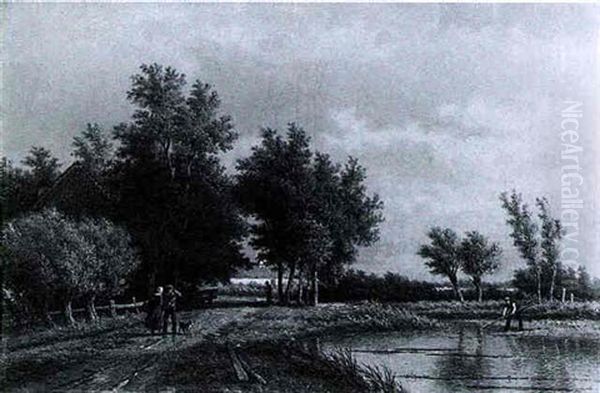 A Wooded River Landscape With Figures On A Sunny Road Oil Painting by Georgius Heerebaart