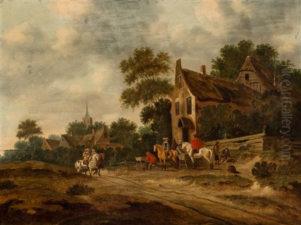 Village View With Horseman In Front Of A Tavern [thomas Heeremans And Studio] Oil Painting by Thomas Heeremans