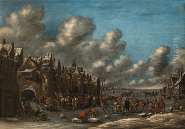 A Winter Landscape With Skaters Oil Painting by Thomas Heeremans