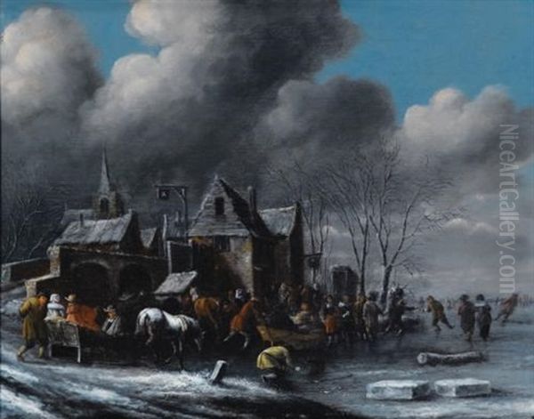 Patineurs Sur Une Riviere Gelee Oil Painting by Thomas Heeremans