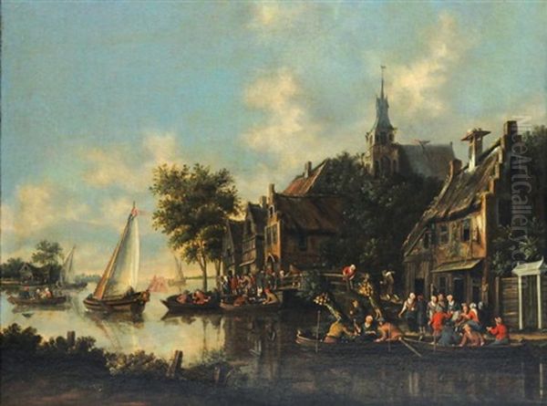 Scene De Village Au Bord Du Fleuve: L'embarcadere Oil Painting by Thomas Heeremans