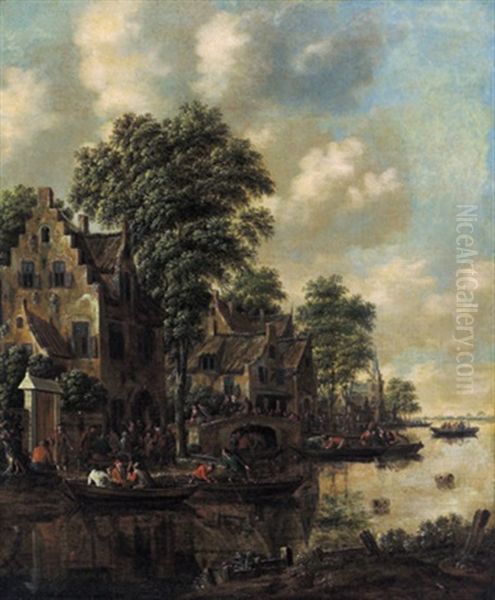 Ein Dorf Am Fluss Mit Booten Und Vielen Figuren Oil Painting by Thomas Heeremans