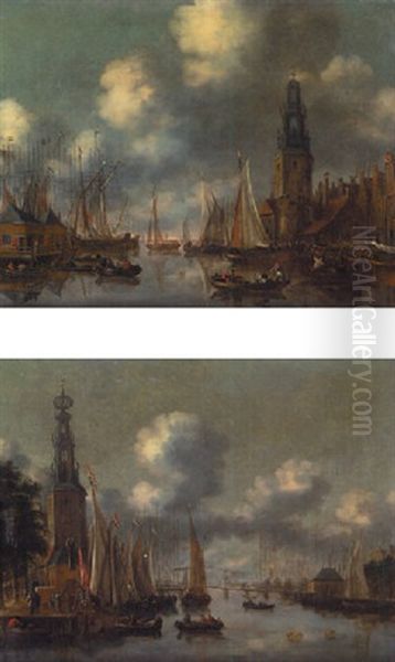 A View Of The Oude Schans, Amsterdam, Seen From The Scheepjesbrug Looking North Towards The Ij With The Montelbaanstoren On The Left Oil Painting by Thomas Heeremans