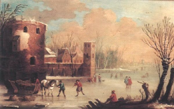 A Frozen River Landscape With Skaters And Horse-drawn Sleigh, By A Fortified Town Oil Painting by Thomas Heeremans
