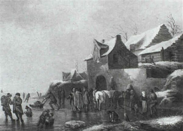 A Winter Landscape With Figures Conversing On A Frozen      River Beneath The Walls Of A Town Oil Painting by Thomas Heeremans