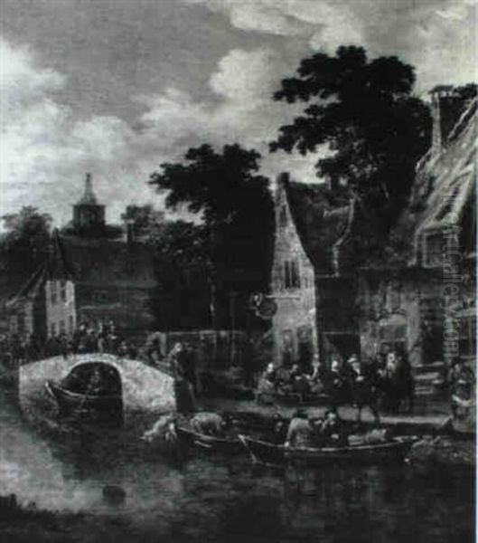Villagers Before A Canalside Inn Oil Painting by Thomas Heeremans