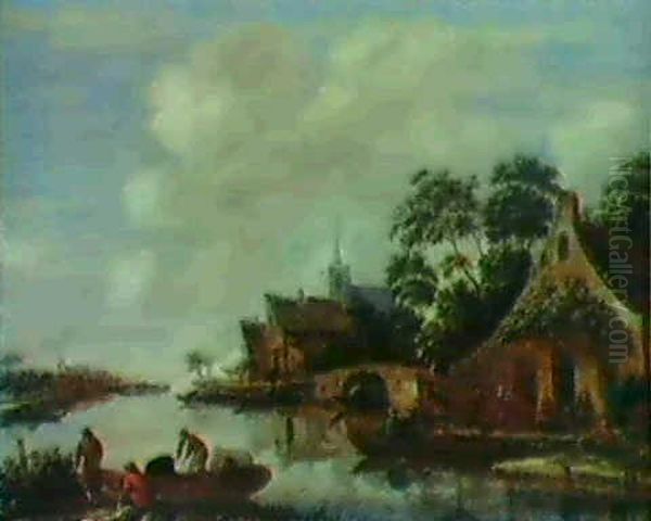 Belebte Flusslandschaft Mit Anlegenden Booten Oil Painting by Thomas Heeremans