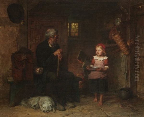 Bauernstube Mit Kleinem Madchen, Das Einem Leierspieler Die Suppe Bringt Oil Painting by Minna Heeren