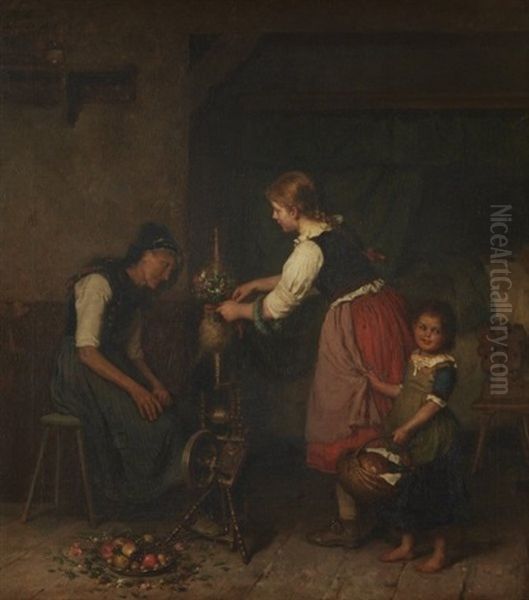 Bauernstube Mit Blinder Grossmutter Bei Der Spinnarbeit, Die Besuch Von Zwei Enkelinnen Bekommt Oil Painting by Minna Heeren