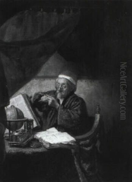 Scholar Seated At A Curtained Desk Oil Painting by Hendrik Heerschop