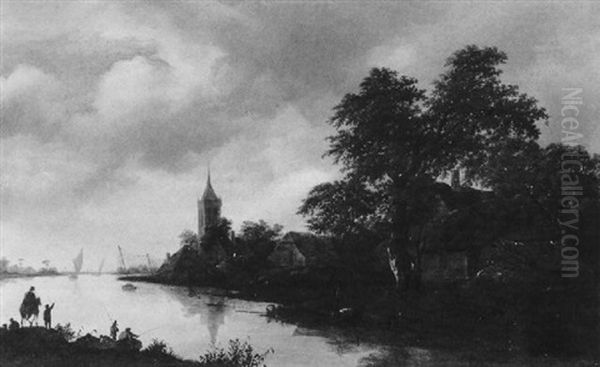 Flusslandschaft Mit Fischerboot Und Reiter Oil Painting by Gerrit van Hees