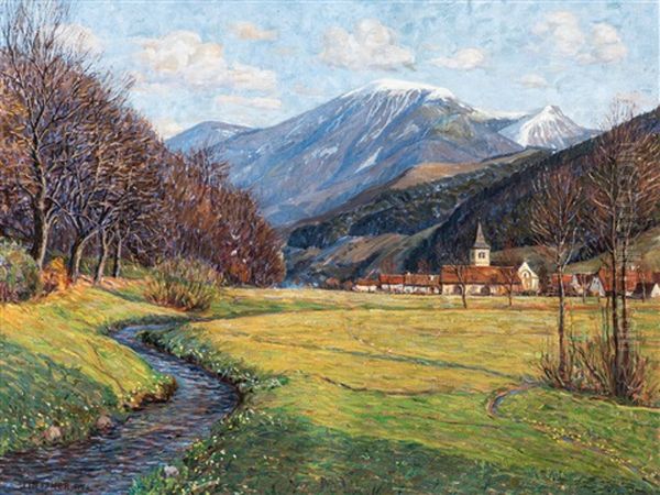 Blick Auf Grunern An Einem Fruhlingstag Mit Letztem Schnee Auf Dem Belchen Oil Painting by Julius Heffner