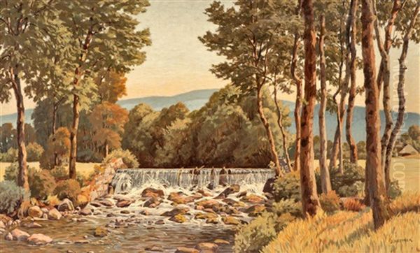 Stream Water With Birch Trees Oil Painting by Julius Heffner
