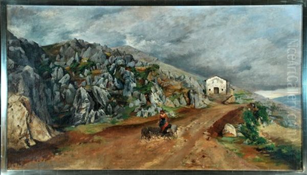 Schafhirtin In Sizilianischer Berglandschaft Oil Painting by Karl Heffner