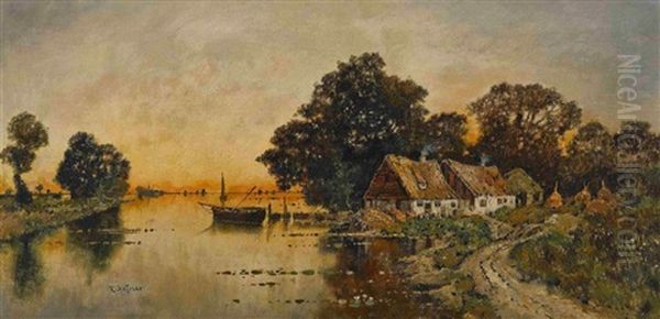 Fischerhauser In Uferlandschaft Oil Painting by Karl Heffner