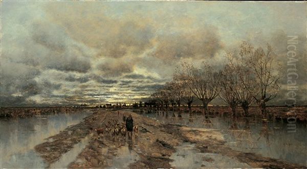 Sonnenuntergang Uber Einer Kanallandschaft Oil Painting by Karl Heffner