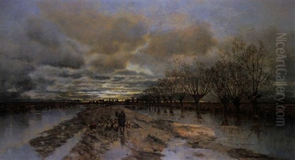 Sonnenuntergang Am Kanal Mit Schafer Oil Painting by Karl Heffner