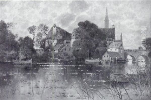 Kleines Dorf Mit Reetgedeckten Hausern An Einem Fluslauf Oil Painting by Karl Heffner