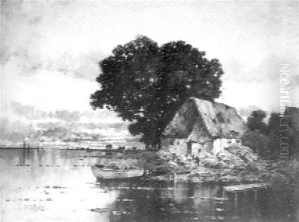 Quiet Lake With Cottage And Boat Oil Painting by Karl Heffner