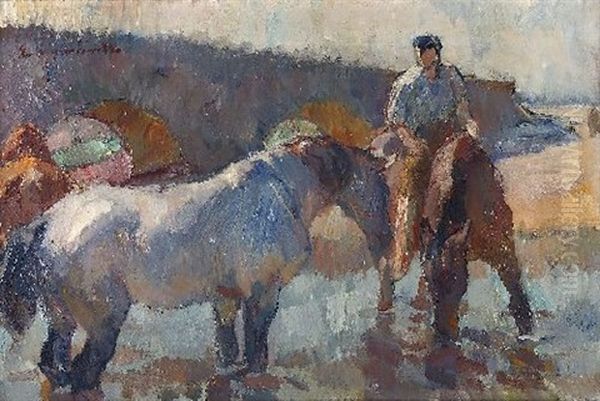 Pferde In Der Schwemme Oil Painting by Emanuel Hegenbarth