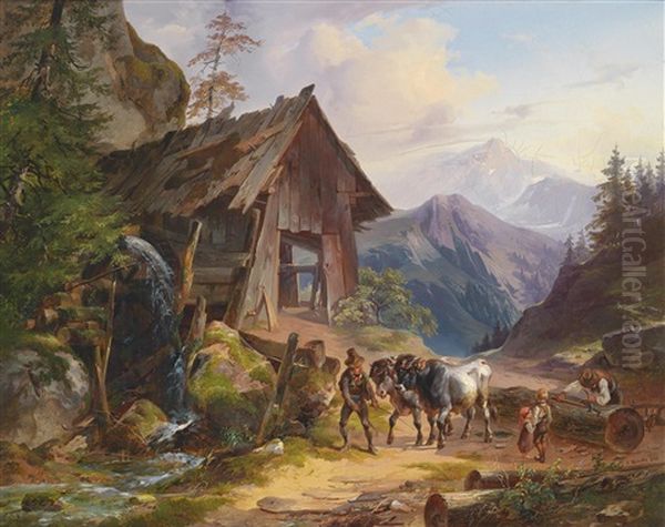 Viehtrieb Vor Einer Alten Muhle Oil Painting by Joseph Heicke