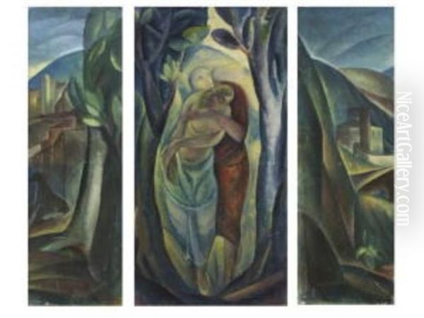 Liebespaar In Sudlicher Landschaft (tryptich) Oil Painting by Heinrich Heidner
