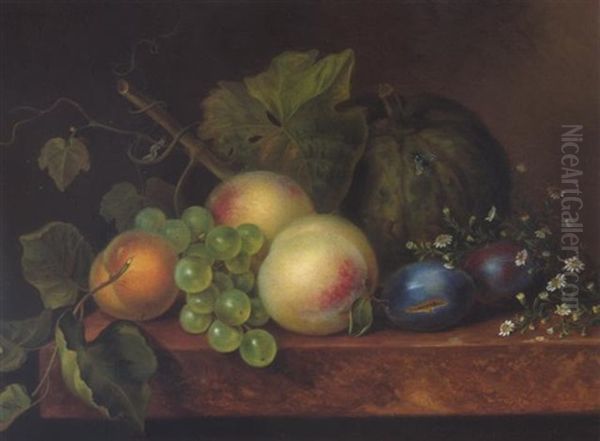 Obstilleben Mit Melone, Pfirsich Und Weintrauben Oil Painting by Johanna Maria Pieternella Heijmans