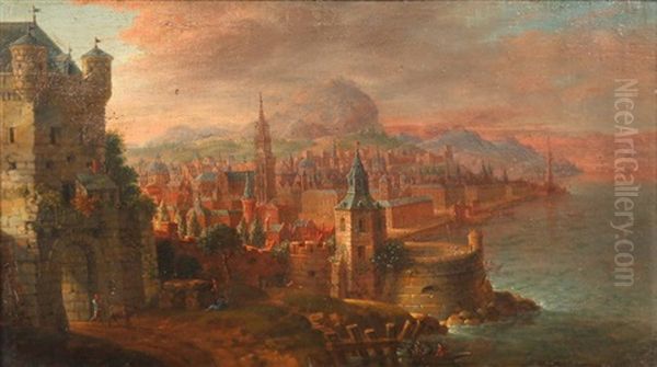 Soleil Couchant Sur Une Ville Fortifiee Oil Painting by Daniel van Heil