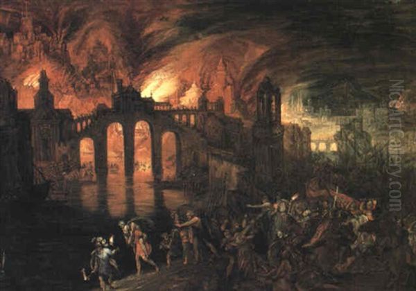 Aeneas Carrying His Father Anchises From The Blazing City Of Troy Oil Painting by Daniel van Heil