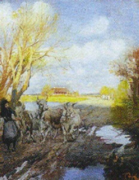 Kvinde Med Kreaturer Pa Vej Oil Painting by Gerhard Heilmann