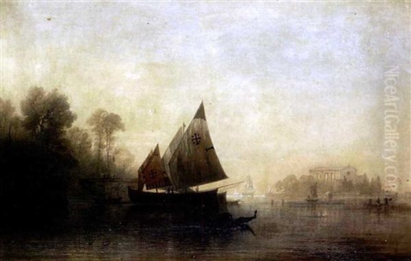 Seestuck In Der Lagune Von Venedig, Im Mittelpunkt Ein Segelschriff Mit Dem Kreuz Von Jerusalem Oil Painting by Karl Heilmayer