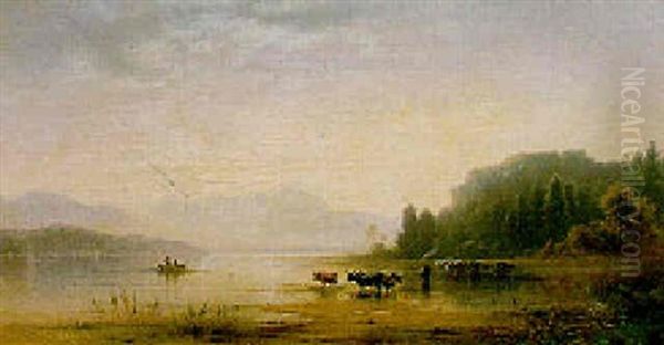 Cattle Watering On The Banks Of A Lake With Fishermen Hauling In Their Nets, Mountainous Landscape Beyond Oil Painting by Karl Heilmayer