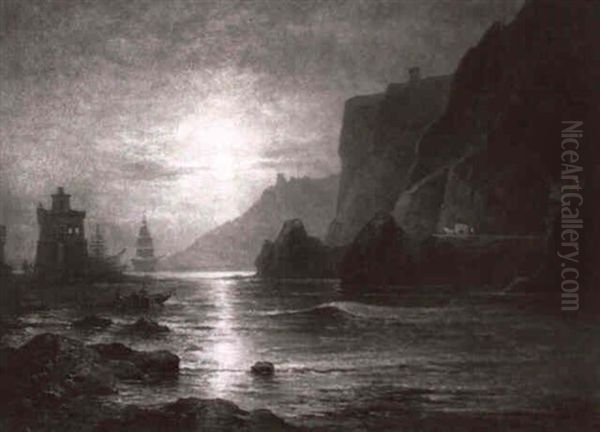 Wachtturm An Der Kuste Von Genua Bei Mondlicht Oil Painting by Karl Heilmayer
