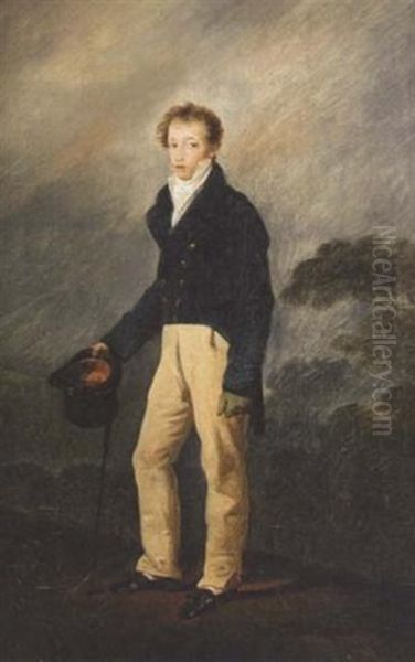 Portrait Of A Young Man Standing, Holding A Hat And Cane Oil Painting by Francois - Joseph Heim