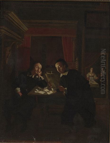 Two Men Reading A Letter By Candlelight At Night, An Amourous Couple In The Background In Another Room, Partially Covered By A Curtain Oil Painting by Wolfgang Heimbach