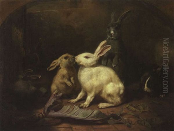 Sechs Hasen Im Stall Oil Painting by Friedrich Heimerdinger