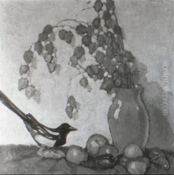 Stilleben Und Apfel, Paprikaschoten Und Einer Elster Oil Painting by Walter Heimig