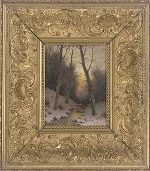 Sunset Over A Stream Through A Snowy Forest Oil Painting by Eduard Hein