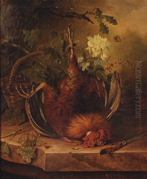 A Rooster, Grape Vines, Various Flowers And A Wicker Basket With Blue Grapes, A Hunting Knife And White Grapes On A Ledge Oil Painting by Hendrik Jan Hein